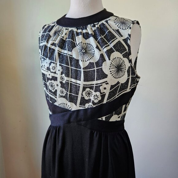 Vintage 70s Black Silver Floral Lurex Disco Diva Maxi Dress Gown Polyester M/L - Picture 2 of 6
